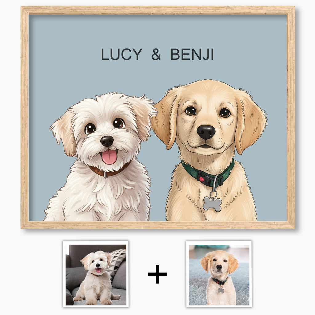 Custom Cartoon Pet Portrait from Photo, Personalized Dog & Cat Digital Art, Hand-Drawn Style Illustration, Pet Memorial Gift (2 Pets)
