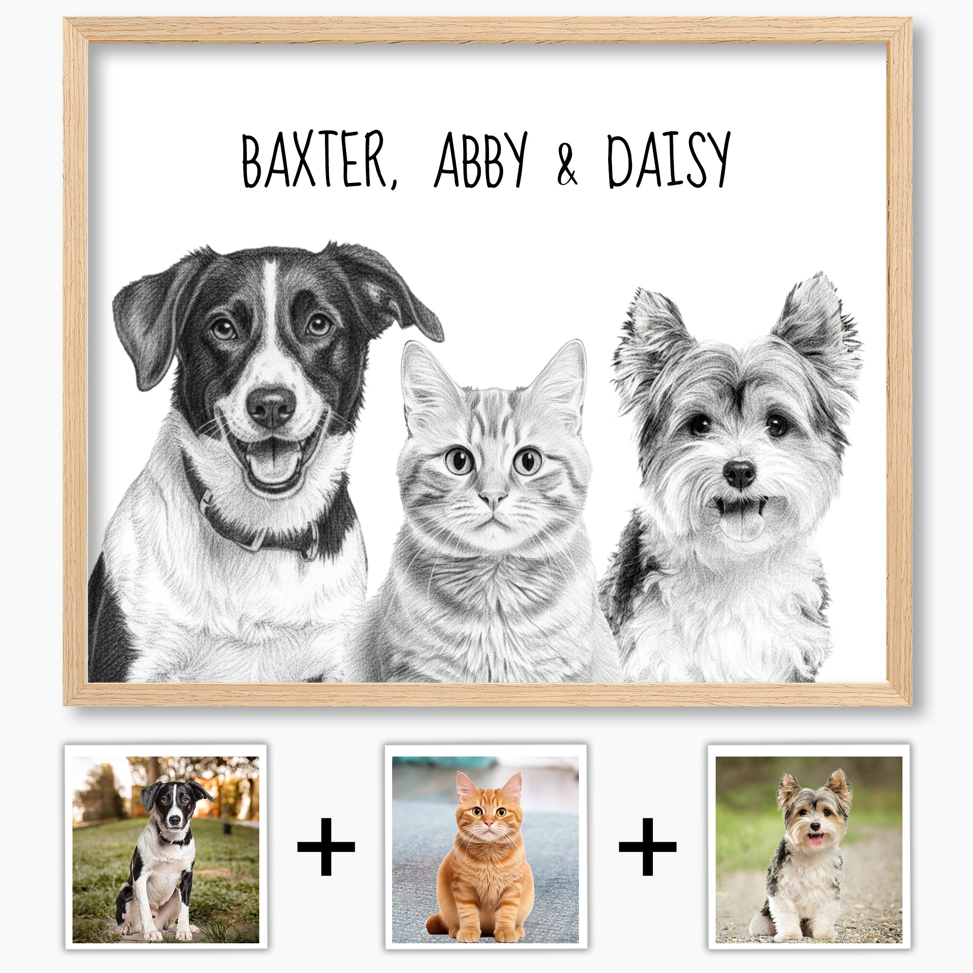 Custom Sketch Pet Portrait from Photo, Personalized Dog & Cat Digital Art, Hand-Drawn Style Illustration, Pet Memorial Gift (3 Pets)