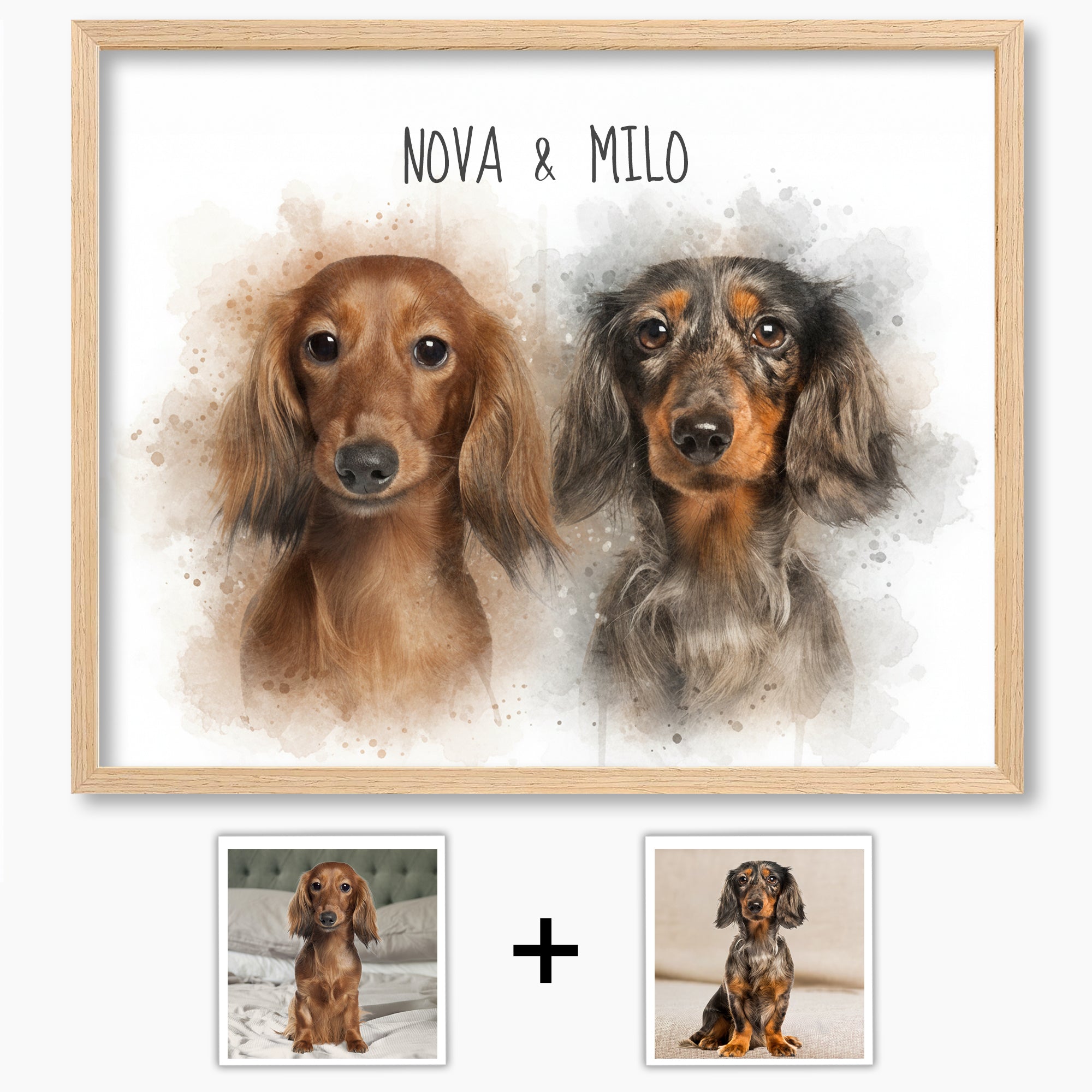 Custom Watercolor Pet Portrait from Photo, Personalized Dog or Cat Art, Hand-Painted Style Digital Illustration, Pet Memorial Gift (2 Pets)