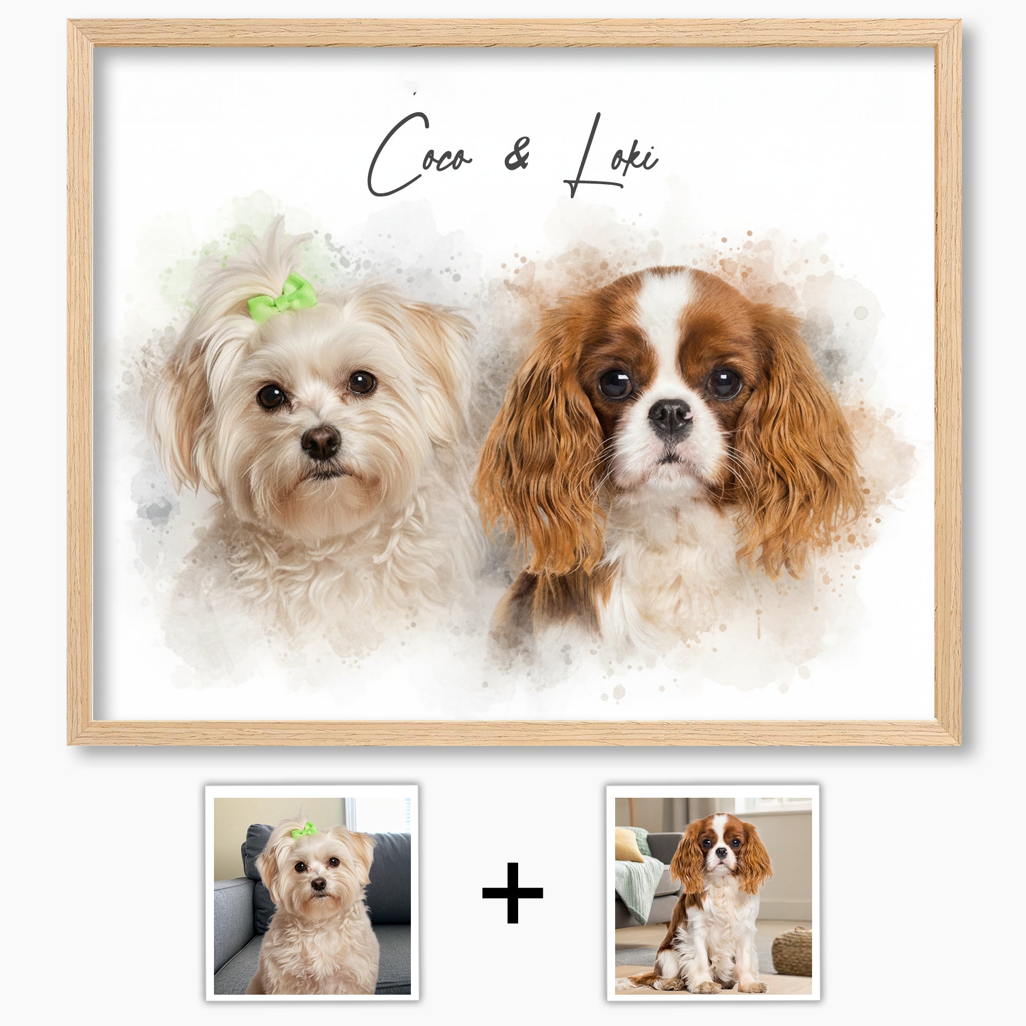 Custom Watercolor Pet Portrait from Photo, Personalized Dog or Cat Art, Hand-Painted Style Digital Illustration, Pet Memorial Gift (2 Pets)