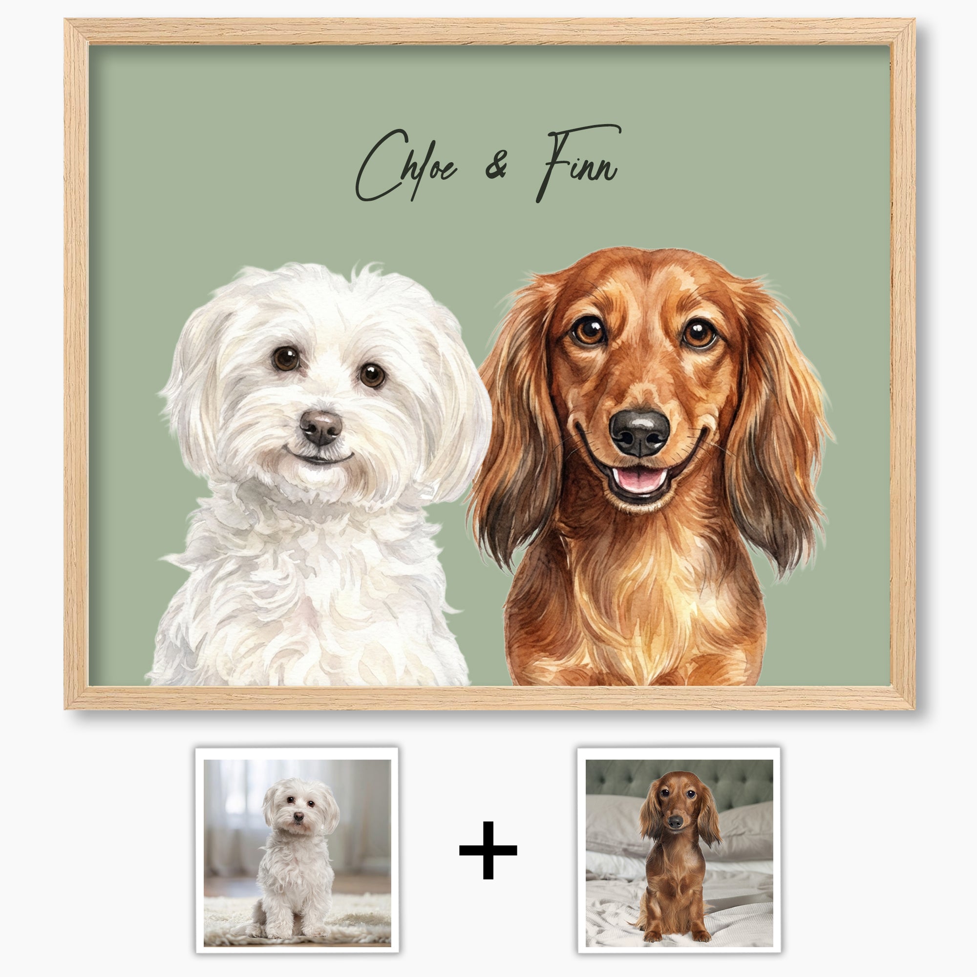 Custom Watercolor Pet Portrait from Photo, Personalized Dog or Cat Art, Hand-Painted Style Digital Illustration, Pet Memorial Gift (2 Pets)